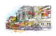 Watercolor Splash With Hand Drawn Sketch Of The Metropolitan Museum Of Art, Colloquially "the Met," Is Located In New York City In Vector Illustration.