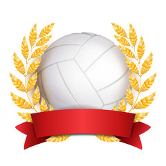 Sticker - Volleyball Award Vector. Sport Banner Background. White Ball, Red Ribbon, Laurel Wreath. 3D Realistic Isolated Illustration