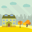 Lone two-storey house in a field with an yellow tree. Vector illustration.
