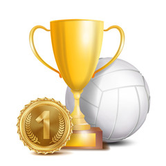 Sticker - Volleyball Award Vector. Sport Banner Background. White Ball, Gold Winner Trophy Cup, Golden 1st Place Medal. 3D Realistic Isolated Illustration