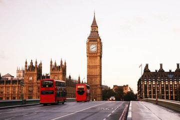 Fototapete - Scene of Westminster Bridge seen from South Bank, quiet morning double decker bus present. 
