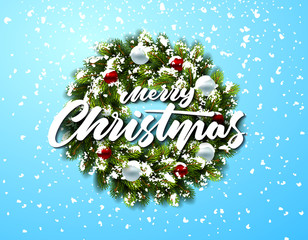 Wall Mural - Christmas wreath in snow with balls on blue background. Vector Illustration