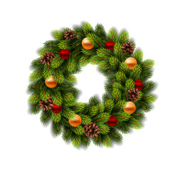 Wall Mural - Christmas wreath with balls on white background. Vector Illustration