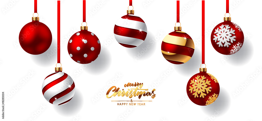 Christmas balls with red ribbon - obrazy, fototapety, plakaty 