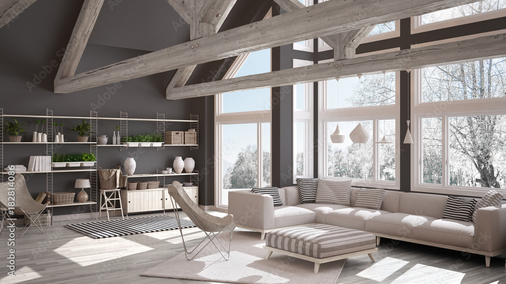 Living room of luxury eco house, parquet floor and wooden roof trusses, panoramic window on winter meadow, modern white and gray interior design - obrazy, fototapety, plakaty 