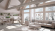© ArchiVIZ - Living room of luxury eco house, parquet floor and wooden roof trusses, panoramic window on winter meadow, modern white interior design