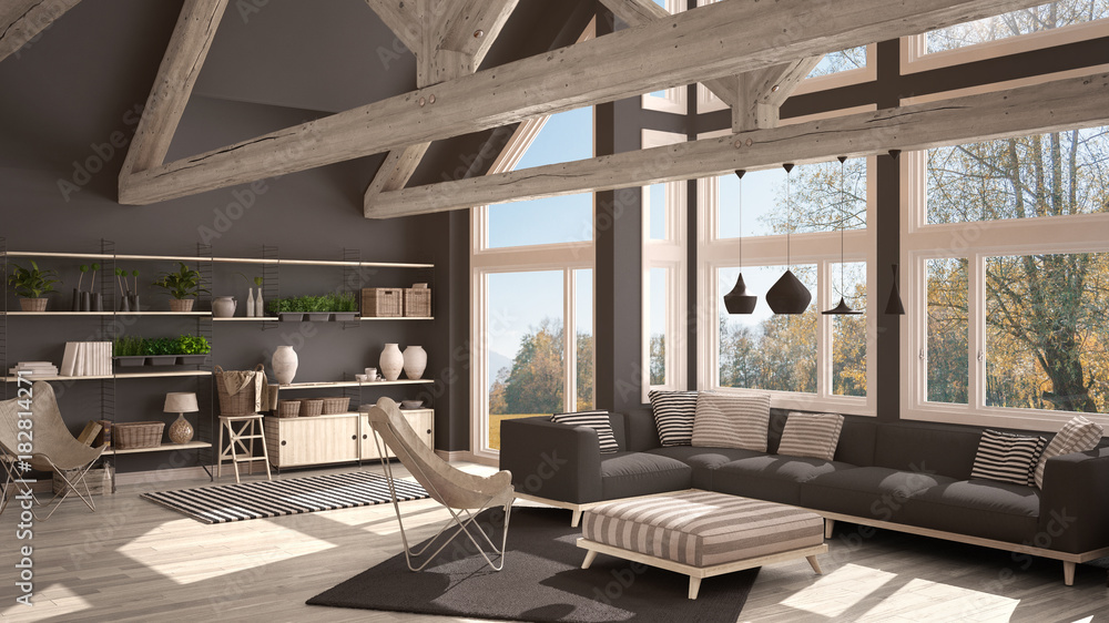 Living room of luxury eco house, parquet floor and wooden roof trusses, panoramic window on autumn meadow, modern white and gray interior design - obrazy, fototapety, plakaty 