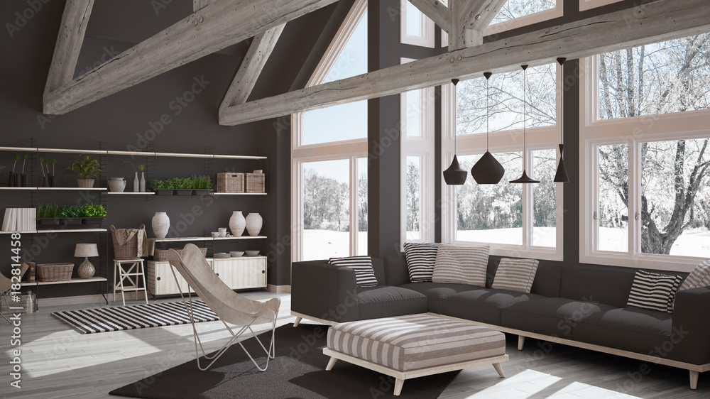 Living room of luxury eco house, parquet floor and wooden roof trusses, panoramic window on winter meadow, modern white and gray interior design - obrazy, fototapety, plakaty 