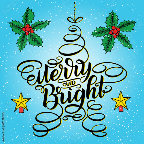 Fényképezés Merry and Bright New Year Lettering in form of star tree toy, Greeting Card design circle text frame isolated on white