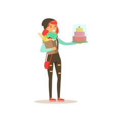 Poster - Young girl with cake and pack of foods. Organization of birthday celebration. Cartoon girl character in hipster clothing. Isolated flat vector