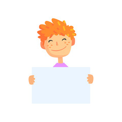 Poster - Cartoon boy holding empty poster isolated on white. Kid character with red hair and happy face expression. Sign with place for text. Colorful flat vector