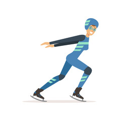 Sticker - Girl athlete taking part in speed skating competition. Winter olympic sport. Woman in professional outfit glasses, overalls, helmet and clap skate. Isolated flat vector