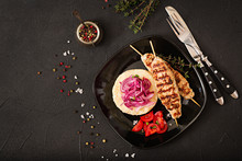 Minced Lula Kebab Grilled Turkey (chicken) With Fresh Tomato And Bulgur. Flat Lay. Top Iew