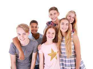 Wall Mural - Cute teenagers on white background