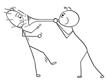 Vector Cartoon Of Man Using Horn To Play Sound Against Another Man