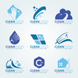 Blue Clean logo with  Cleaning gloves, water droplets , scrub brush and broom vector set design