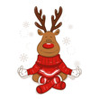 A cute Christmas reindeer is engaged in yoga. Meditates. Lotus pose It's is wearing a warm knitted sweater and socks with ornament. Isolated. Vector for your design.