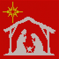 Knitted pattern. Mary, Joseph and the little Jesus. Christmas scene of the birth of Christ. Star of Bethlehem.