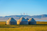 Fototapeta  - Yurts by Song Kul Lake, Kyrgyzstan