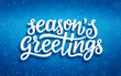 Seasons greetings lettering on blue blurry vector background with sparkles. Greeting card design template with 3D typography label