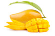 Mango fruit and mango slice with leaf isolated white background
