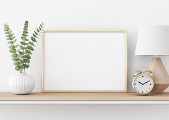 Aufkleber - Home interior poster mock up with horizontal metal frame, plant in vase and lamp on white wall background. 3D rendering.