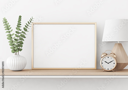 Cuadros en Lienzo Home interior poster mock up with horizontal metal frame, plant in vase and lamp on white wall background