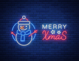 Wall Mural - Merry Christmas, welcome card, done in neon style isolated. Neon sign on the Christmas theme. Bright banner, luminous advertising, bright festive night sign. Vector illustration
