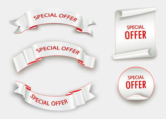 Wall Mural - Special offer vector ribbon.Red scroll. Banner sale tag. Market special offer discount.