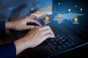 Press enter button on the computer. business logistics Communication network World map send message Connect worldwide hand keyboard