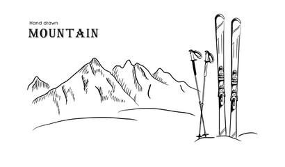 Hand drawn Mountain and ski graphic black white landscape vector illustration