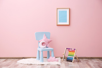 Children's room with bright color wall, interior details