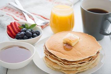 Wall Mural - breakfast image with pancake, coffee, orange juice