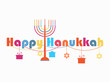 Happy Hanukkah greeting card. Candlestick with nine candles. Garland with hanging gifts. Vector illustration