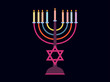 Happy Chanukah. Candlestick with nine candles of different colors. Six-pointed star. Vector illustration