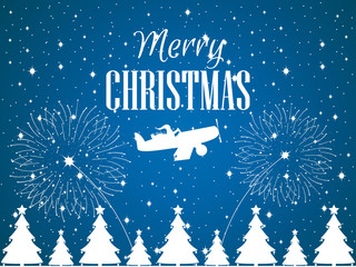 Merry Christmas. Santa Claus flies on an airplane. Winter background with falling snow. White contour of Christmas trees. Fireworks launch. Vector illustration