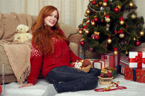 Beautiful Redhead Girl Portrait In Christmas Decoration Home Interior 
