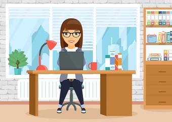 The girl in the office sitting at the table. A young girl is busy working. Business and Finance. In flat style. Cartoon.