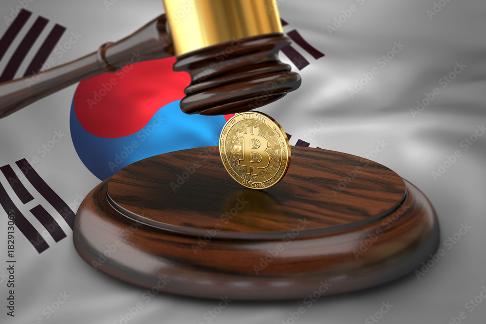 Bitcoin and judge gavel laying on flag of South Korea. Bitcoin legal situation in South Korea concept. 3D rendering