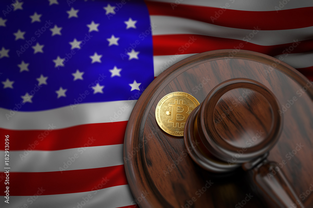 Bitcoin and judge gavel laying on flag of USA. Bitcoin legal situation in USA concept. 3D rendering