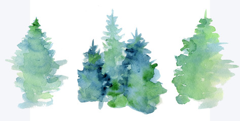 Watercolor abstract woddland, fir trees silhouette with ashes and splashes, winter background