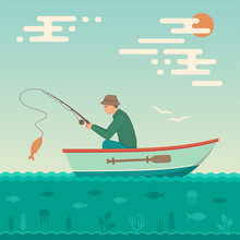 Vector Illustration Of A Cartoon Fisherman, Man Cath Fish On Fishing Rod 