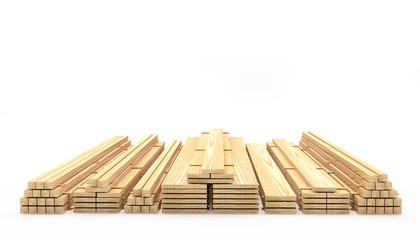 Wall Mural - Wooden boards and planks are stacked in various stacks isolated on a white background. Construction materials. 3D illustration