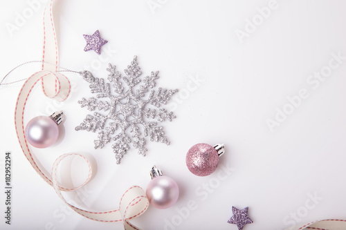 Christmas Holiday Composition Festive Creative Gold Silver Pattern Christmas Holiday Composition Festive Creative Gold Silver Pattern Xmas Pink Decor Ball With Ribbon Snowflakes On White Background