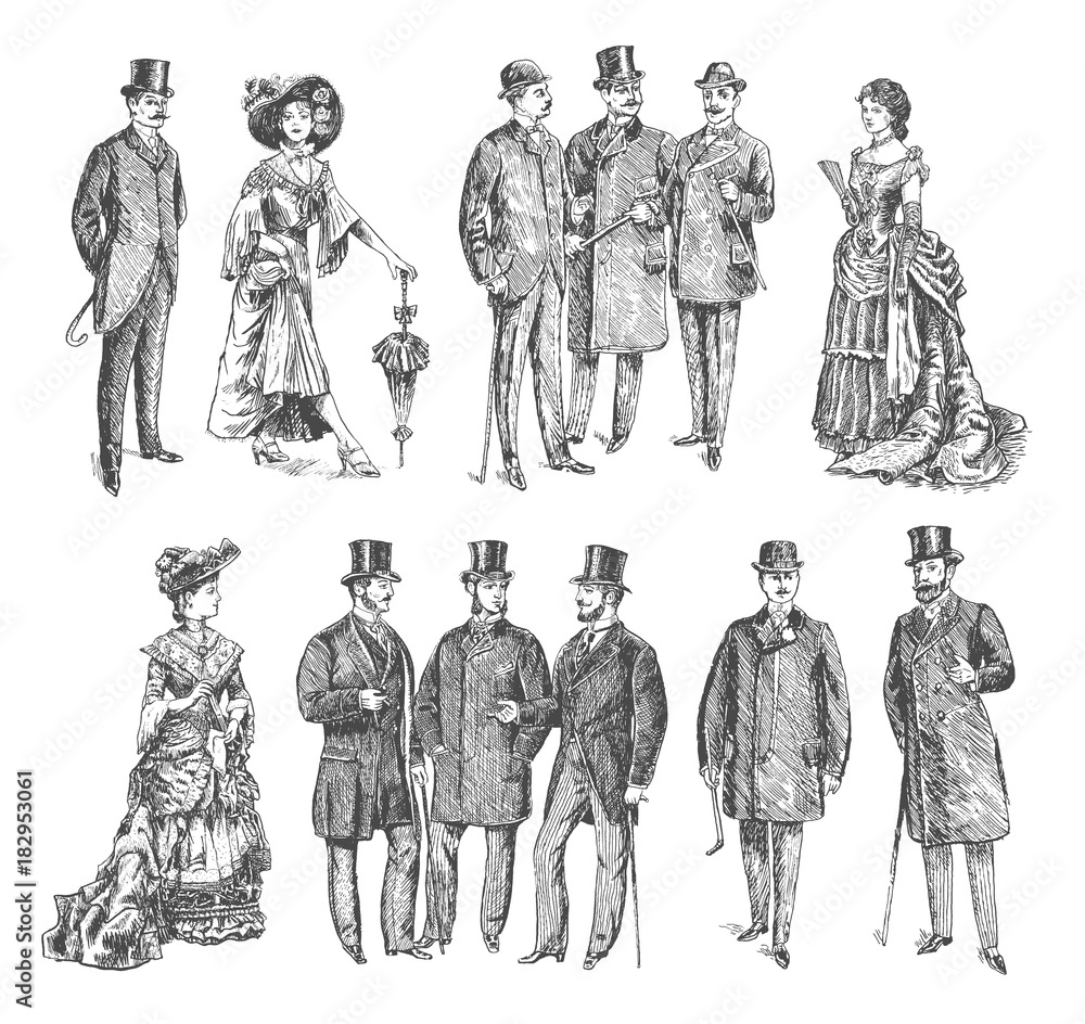 ladies and gentlemen. Man and woman figure collection. Vintage Hand Drawn big set. Group of people of the Victorian era. Fashion and clothes. Retro Illustration in ancient engraving style - obrazy, fototapety, plakaty 