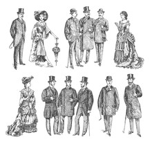 Ladies And Gentlemen. Man And Woman Figure Collection. Vintage Hand Drawn Big Set. Group Of People Of The Victorian Era. Fashion And Clothes. Retro Illustration In Ancient Engraving Style