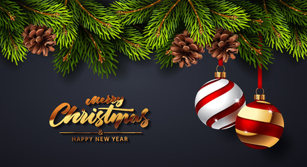 Wall Mural - Christmas background with fir branches and red balls with decorations. Vector illustration