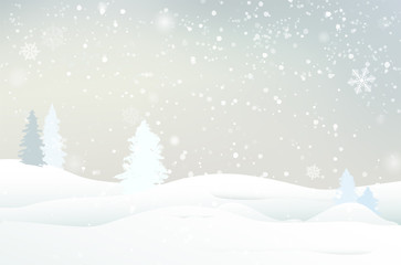 Abstract winter landscape with snow, trees and snowflakes