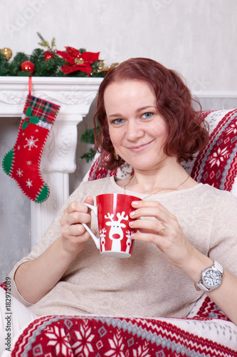 Christmas Or New Year Celebration Young Woman In A White Knitted