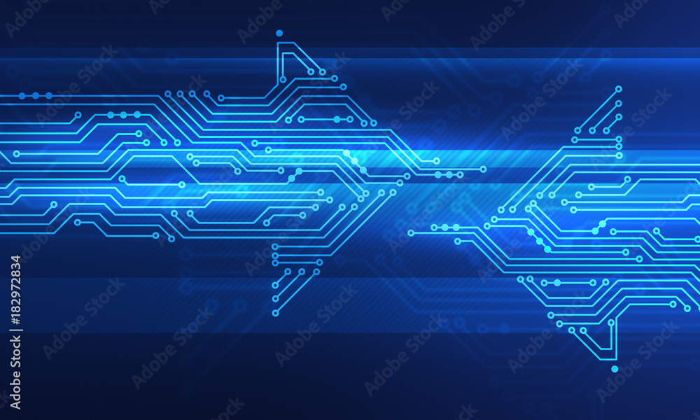 Abstract digital illustration of two microchip board on arrow shape ...